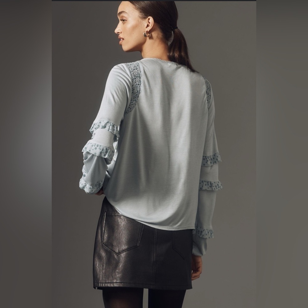 NWOT Anthropologie Tiny France’s Long Sleeve Ruffle Top in Blue Motif Various Sz - Picture 2 of 10